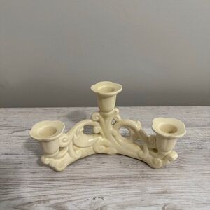 1920's Cowan Art Pottery Curved Ivory Scroll Triple Candlestick Holder